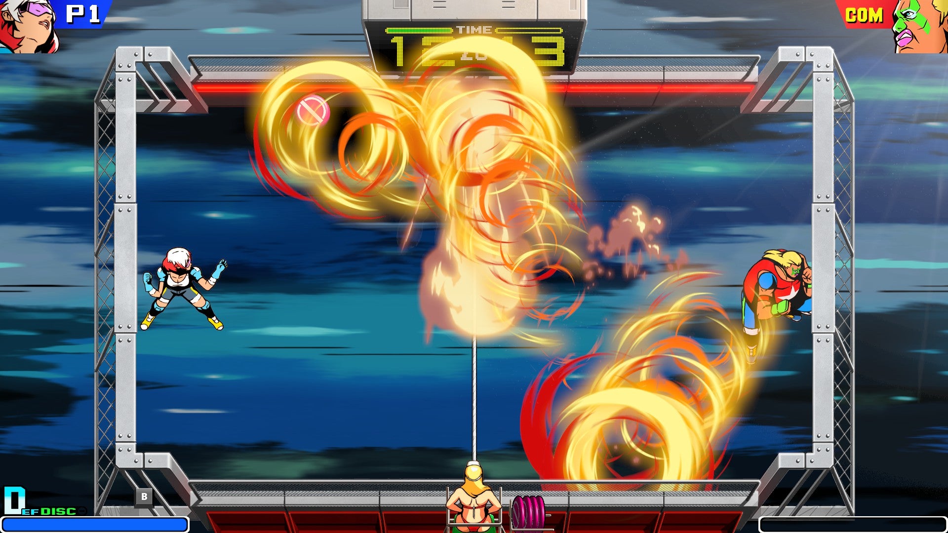 Two players in Windjammers 2 hurl flaming frisbees at each other across a small square