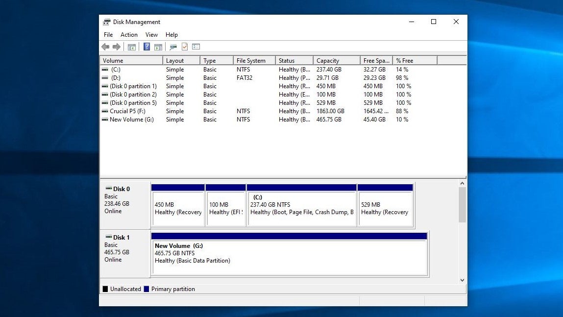 A screenshot of the Disk Management tool in Windows 10, showing the system's storage drives.