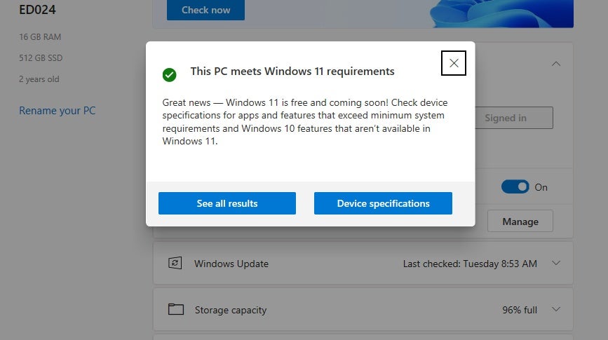 Una captura de pantalla que muestra un resultado exitoso en la aplicación PC Health Check de Microsoft.