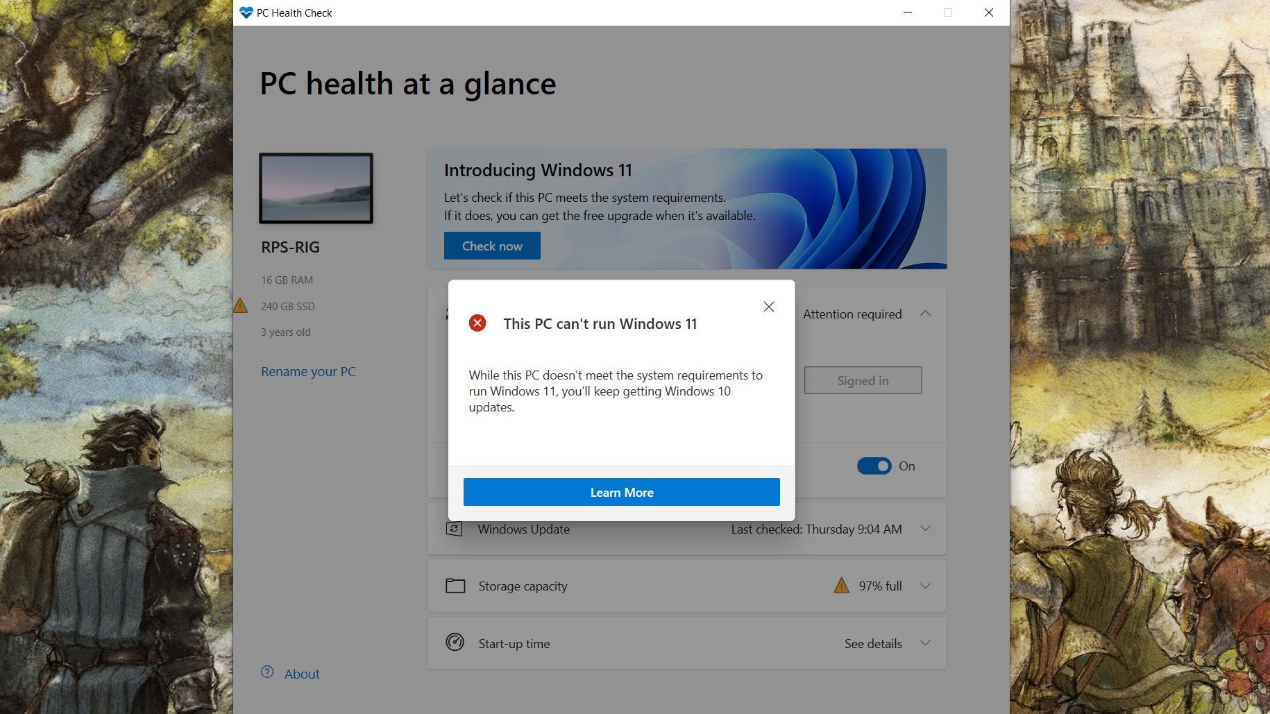 The Windows 11 PC health check app saying a PC cannot upgrade to Windows 11