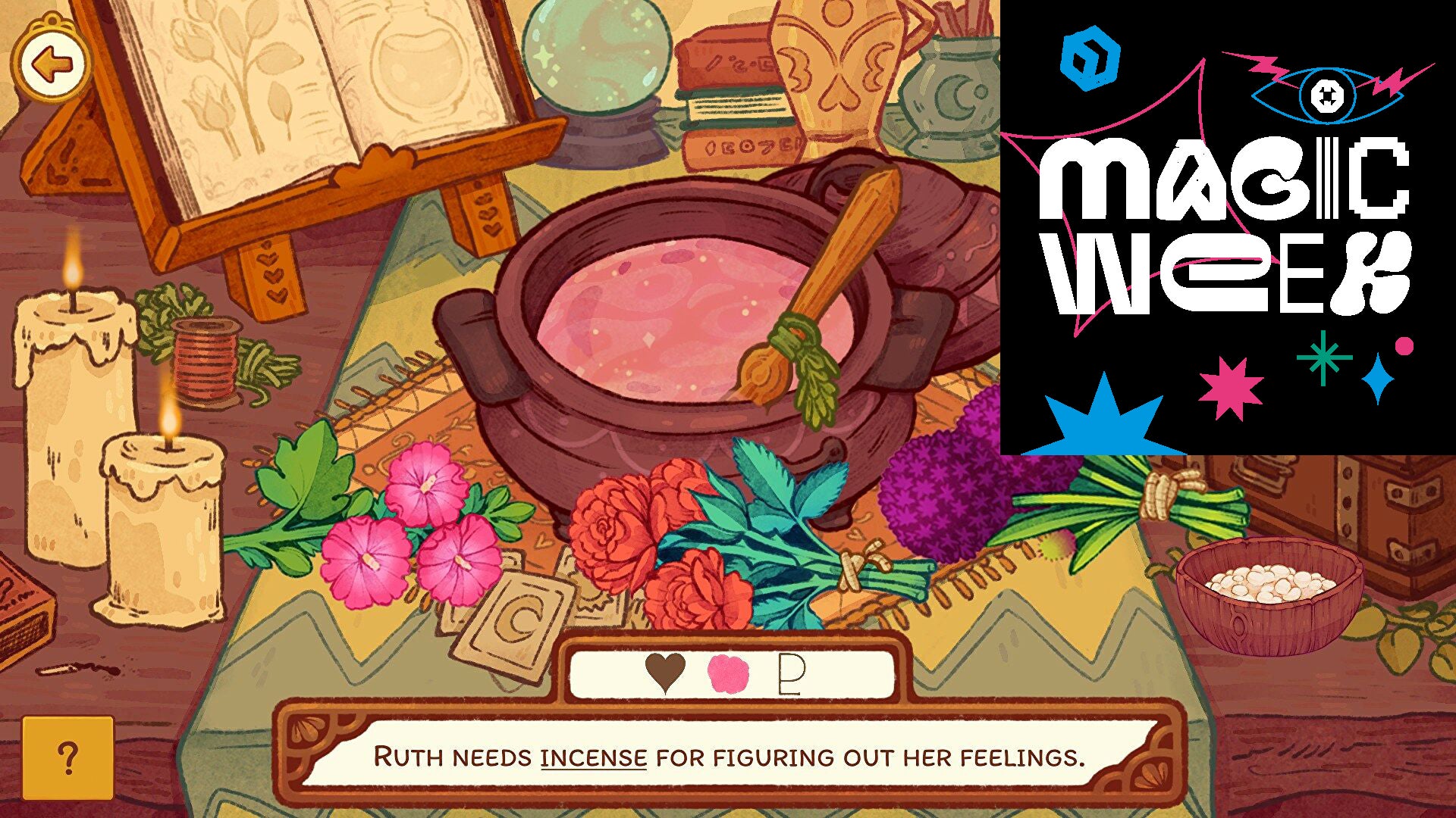 A witch's potion table Witchy Life Story, with a small caldron, a recipe book and flowers for ingredients. The Magic Week logo is overlaid on the top right corner