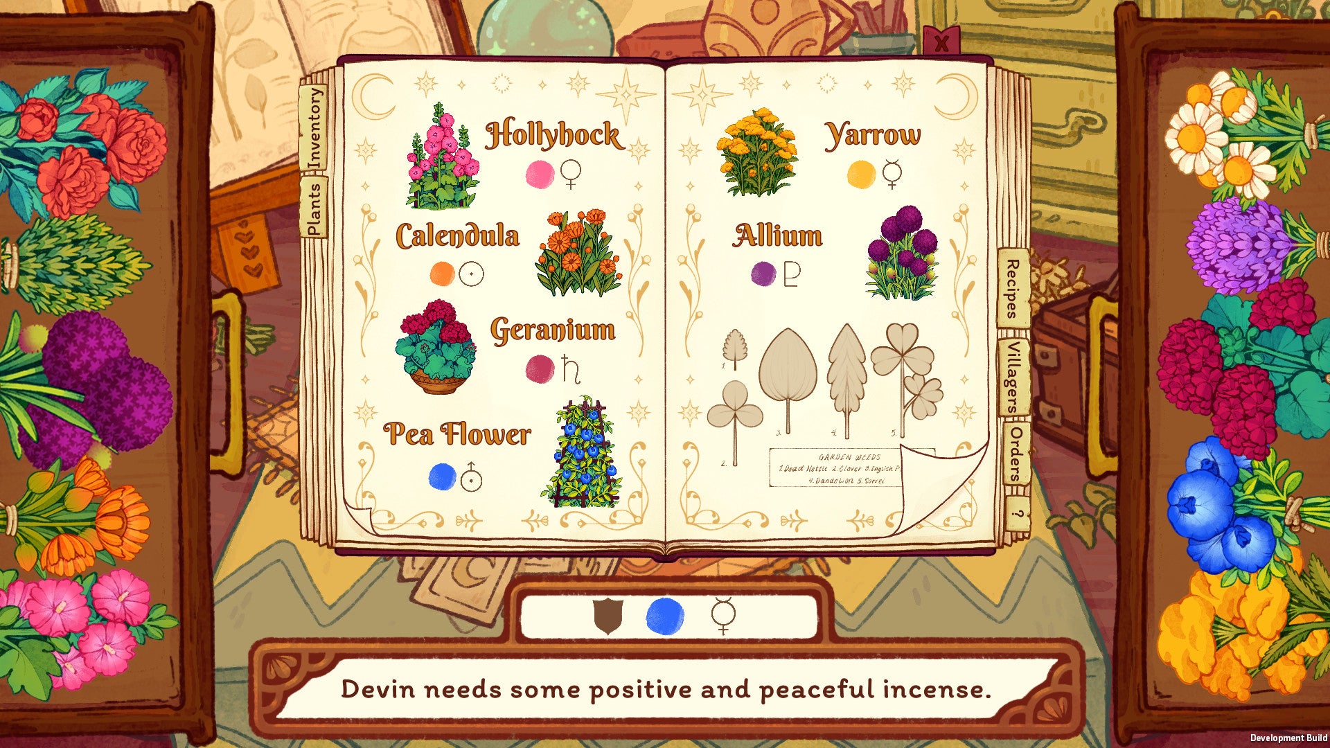 A screen from Witchy Life Story showing your open grimoire listing the uses and effects of different plants