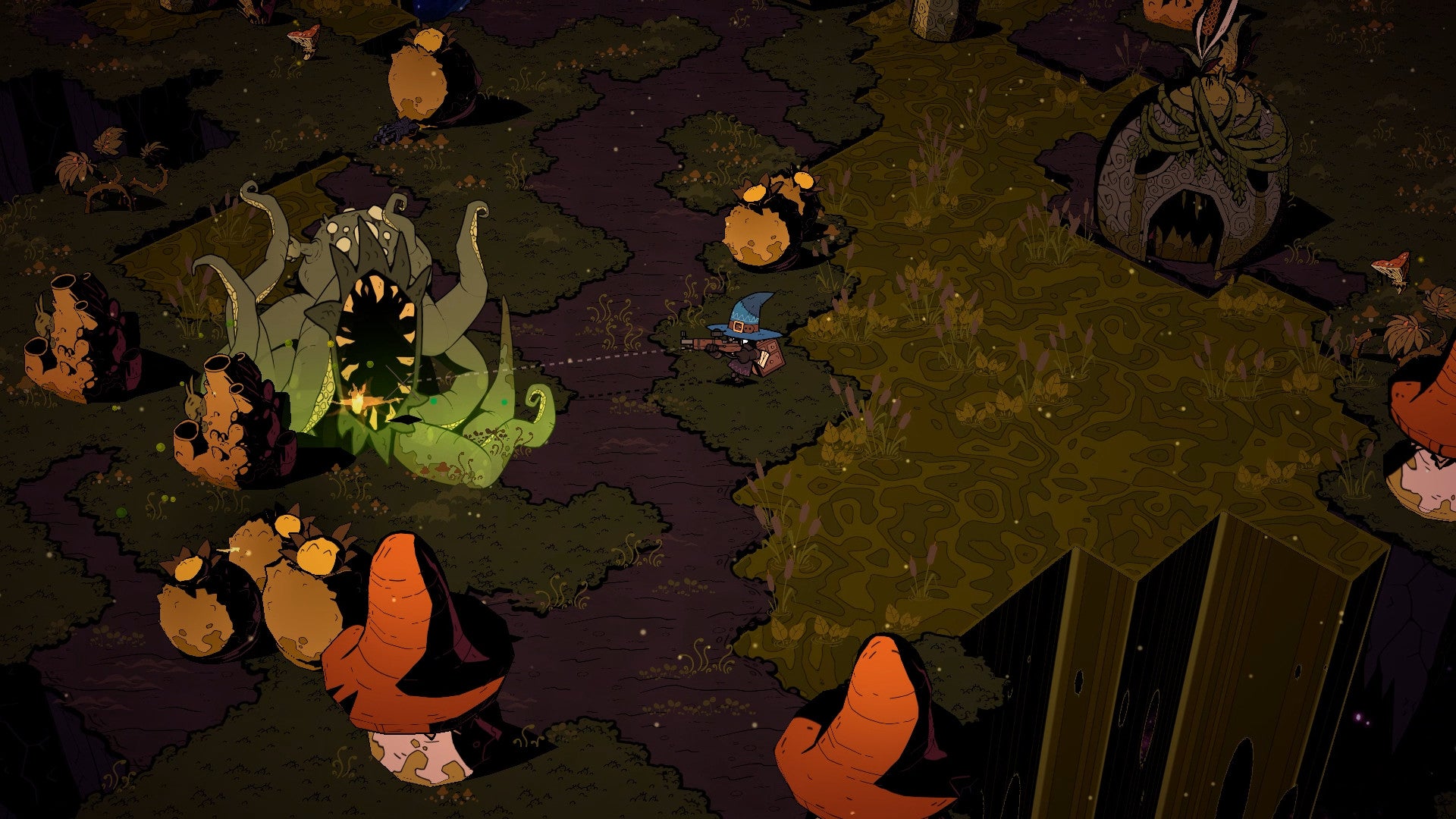 A screenshot of Wizard With A Gun showing a grimy grass biome in which a wizard hat-wearing figure with a gun is taking aim at a green tentacle monster.