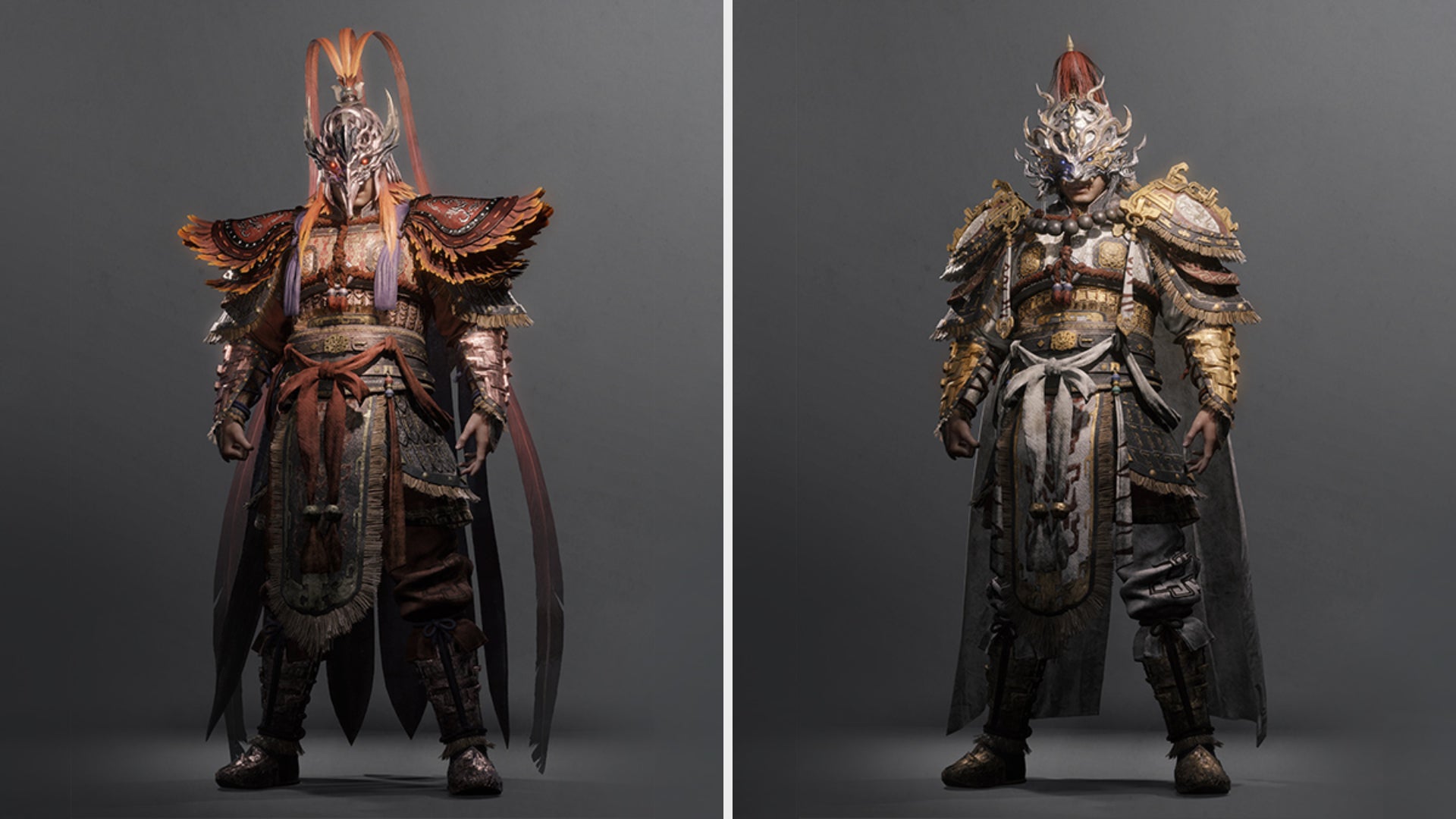 Two armour types from Wo Long: Fallen Dynasty. Left: Zhuque armor. Right: Baihu armor.