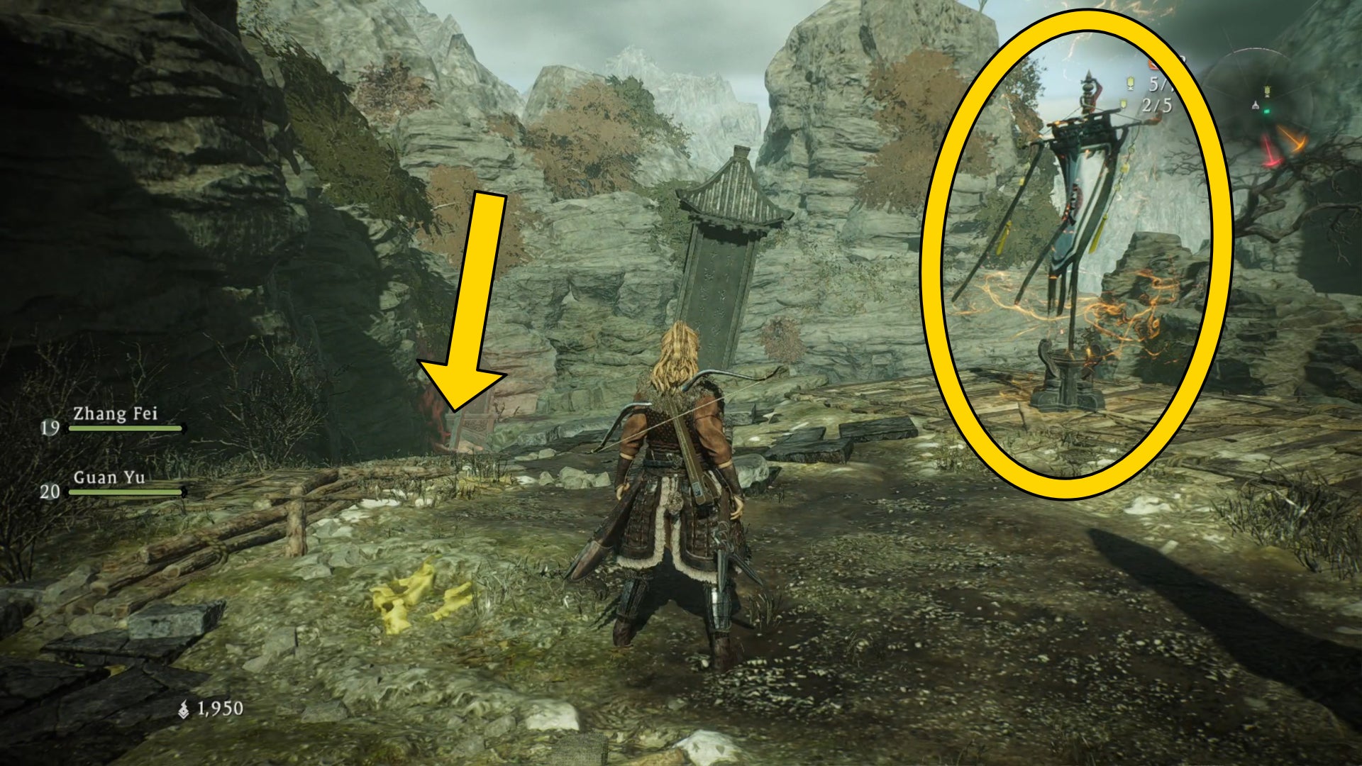 The player in Wo Long stands near a Battle Flag, with a circle and arrow marking the Flag and the path they must follow.