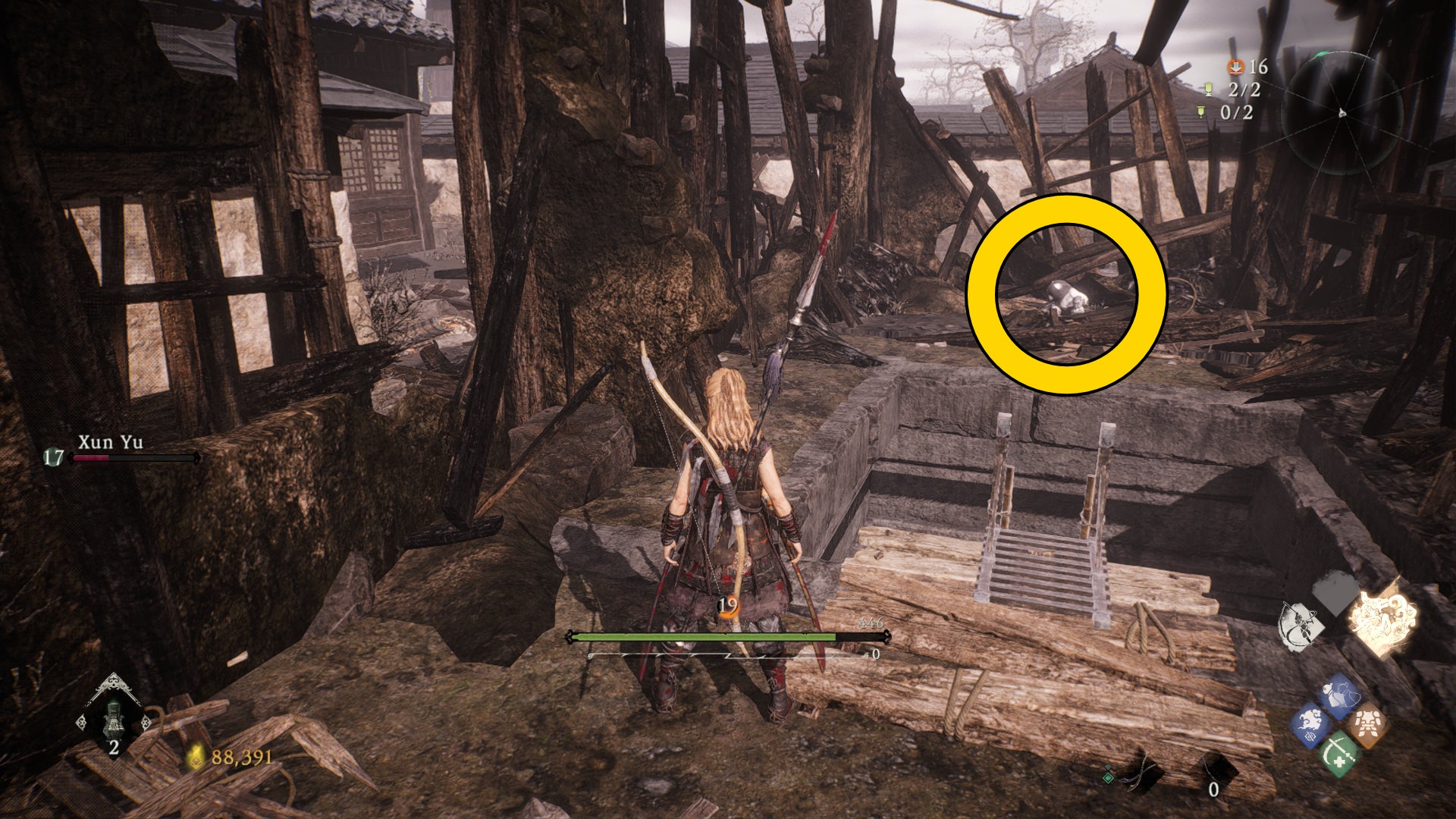 The player in Wo Long stands at the top of a ladder. Behind the ladder is a Shitieshou panda demon.