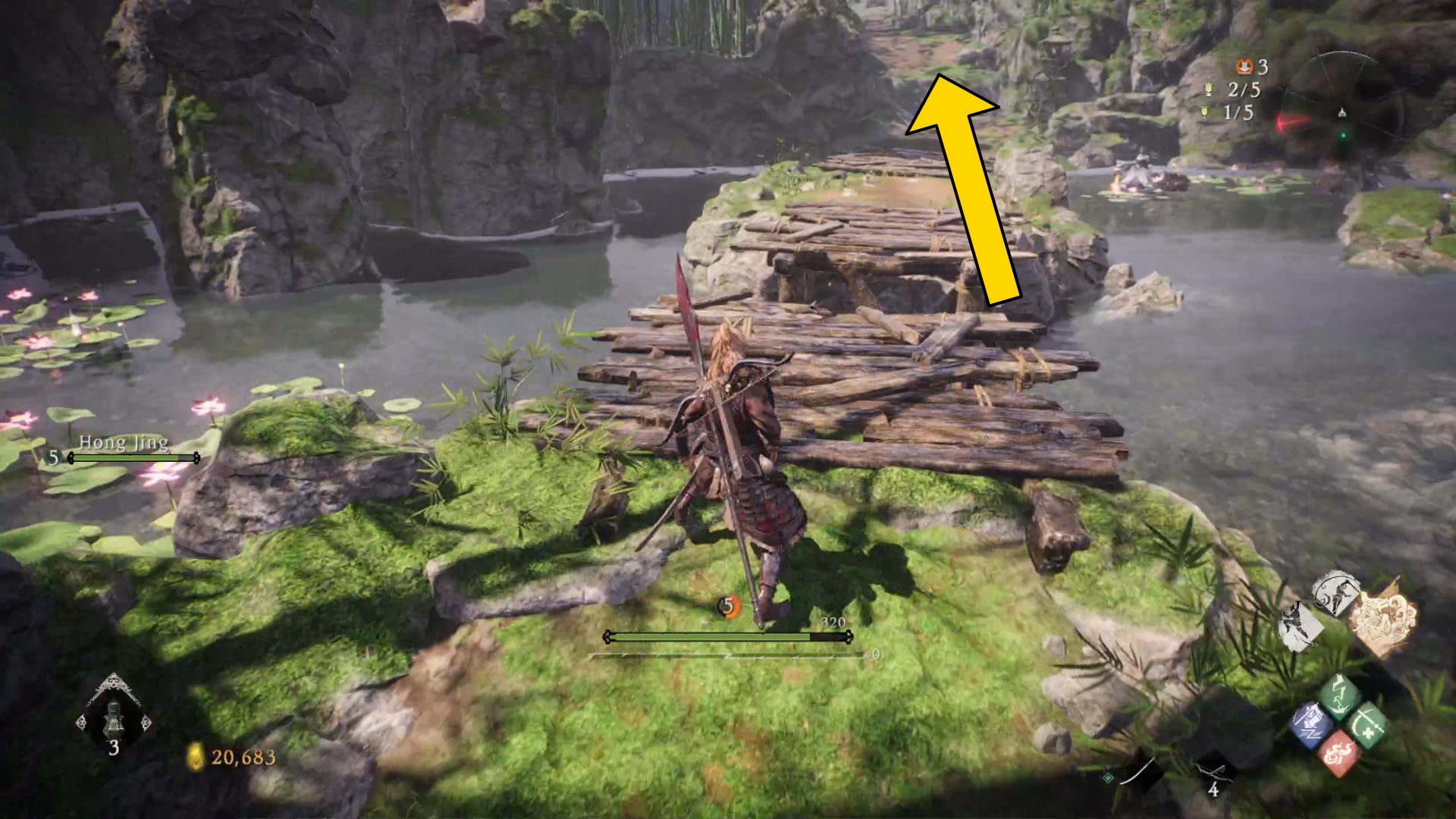 El jugador de Wo Long se encuentra al pie de un puente roto que cruza un estanque custodiado por sirenas enemigas.
