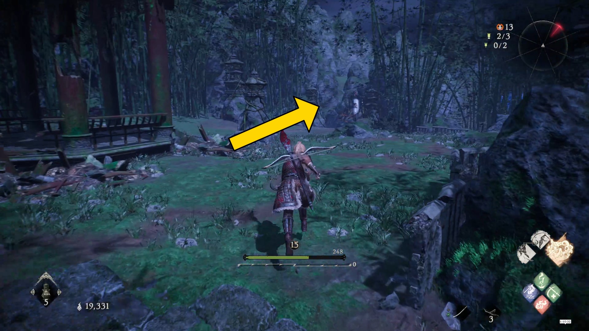 The player in Wo Long runs past a gazebo and down a path next to a Battle Flag.