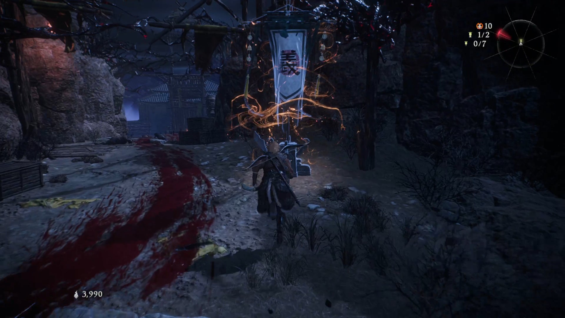 Скриншот Wo Long: Fallen Dynasty, На Котором Игрок Стоит Рядом С Флагом.