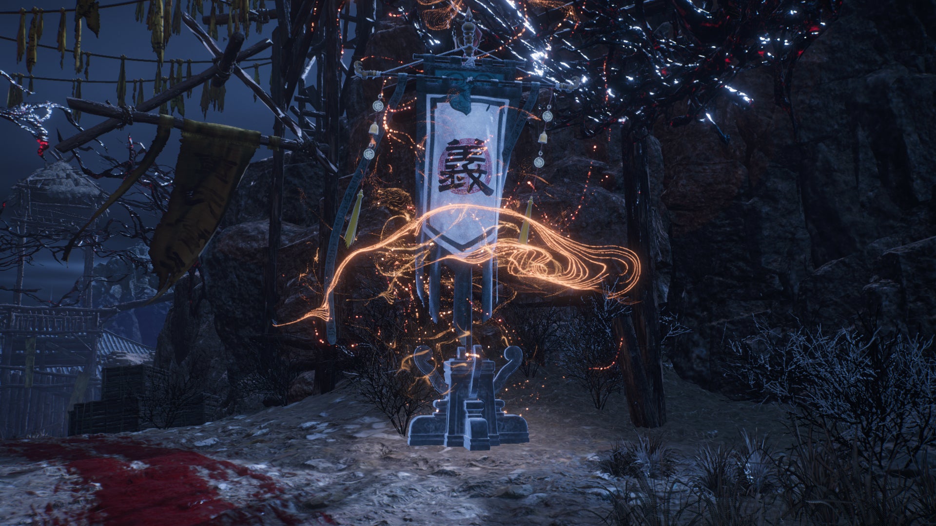 A Battle Flag at night in Wo Long: Fallen Dynasty, next to a trail of blood.