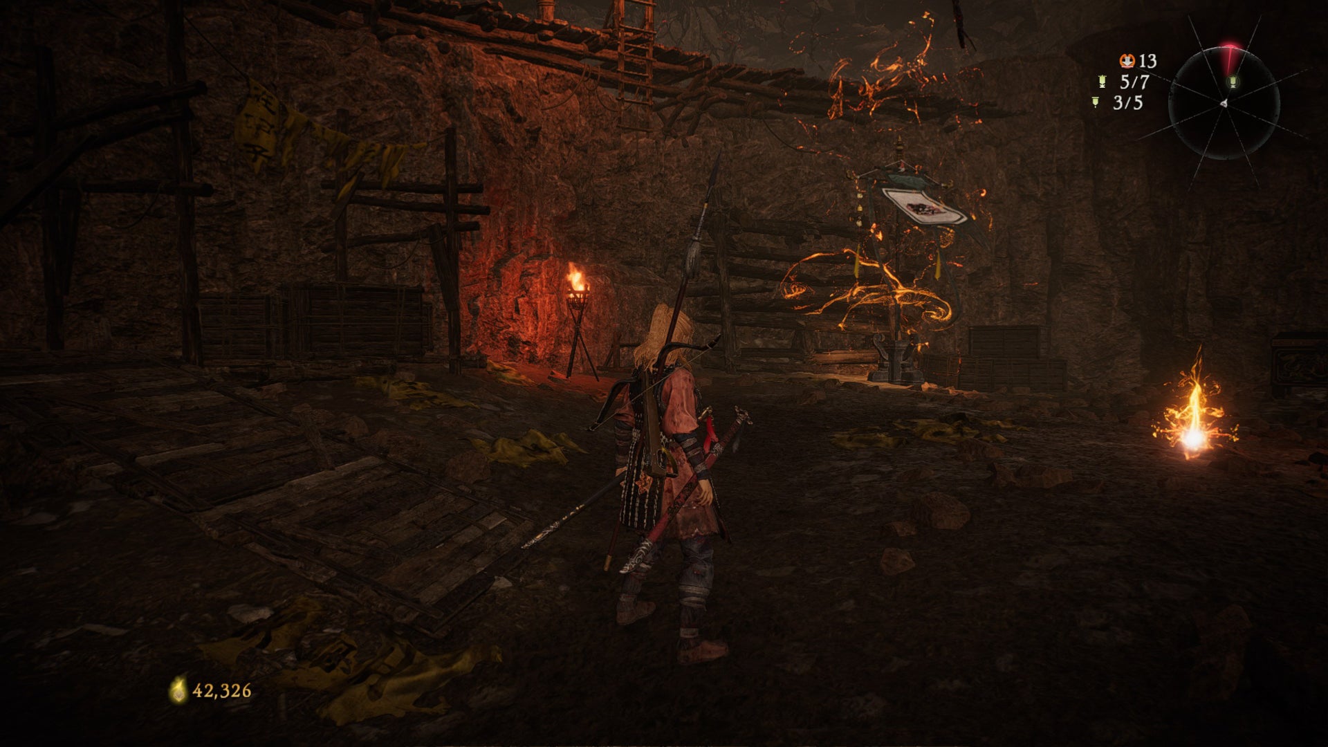 A Wo Long: Fallen Dynasty screenshot of the player standing next to a flag.
