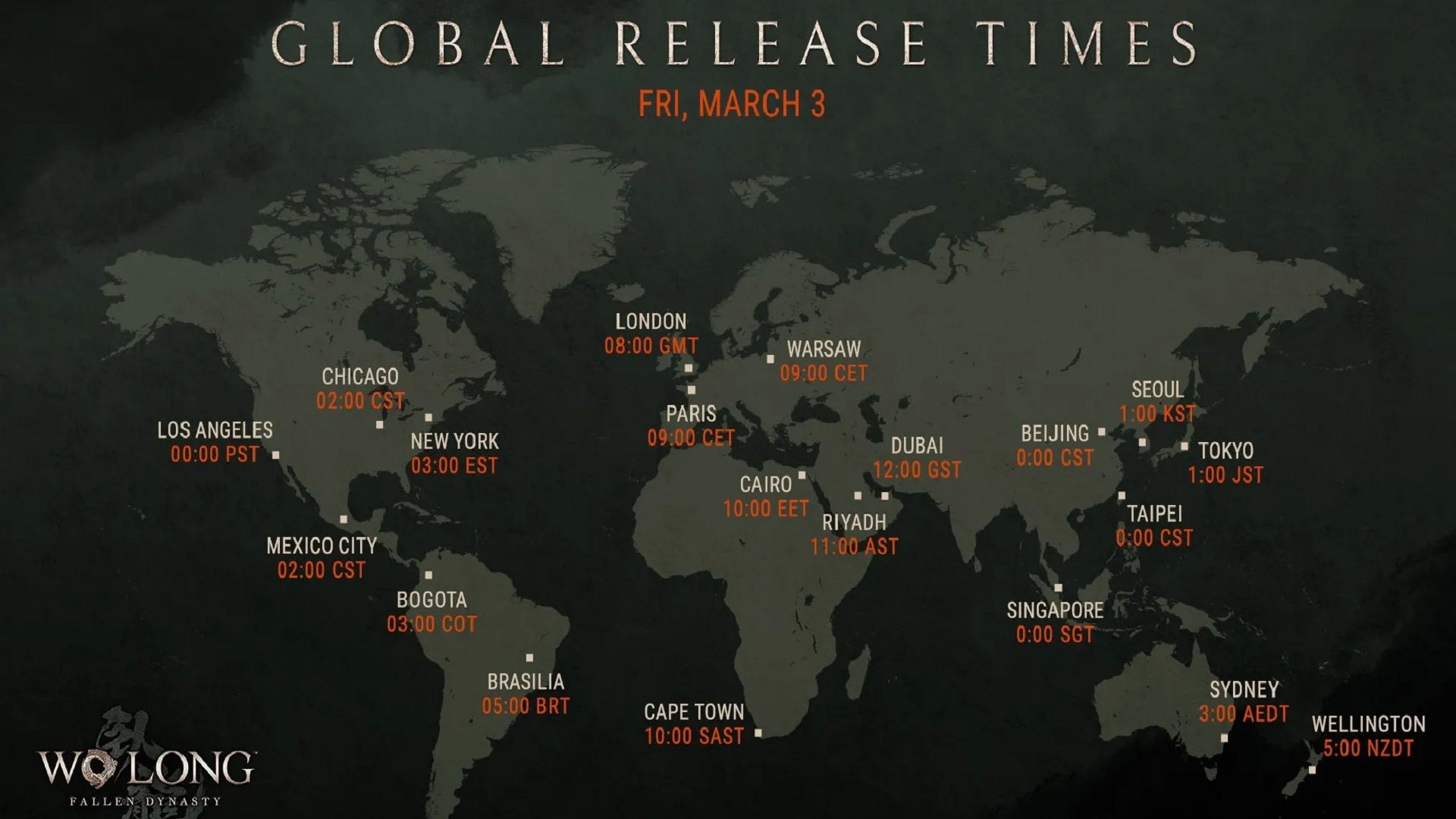 A map of the world, displaying the global release times for Wo Long: Fallen Dynasty in every time zone.