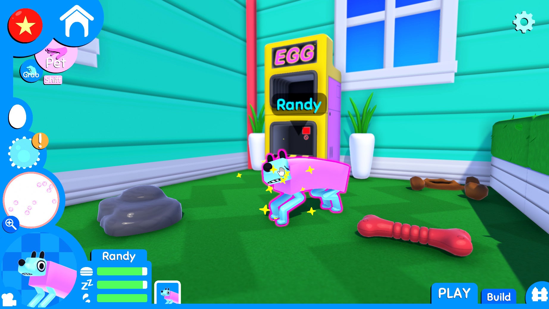 A screenshot of Wobbledogs, showing a pink rectangular dog called Randy getting a nice pat.