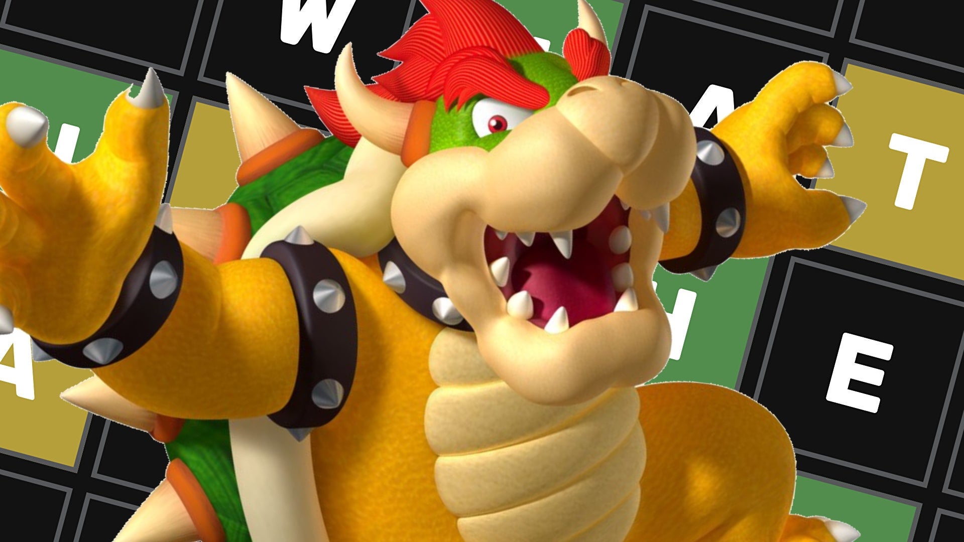 A screenshot of Wordle with Nintendo's Bowser character superimposed