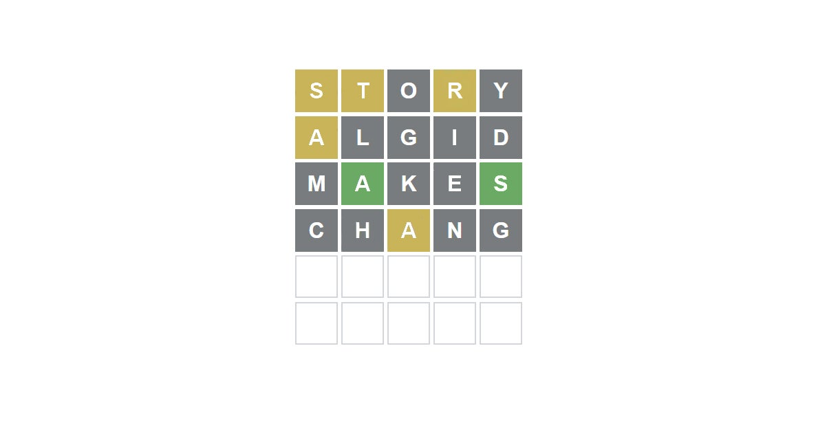A screenshot from Wordle where the entered words read "Story Algid Makes Chang." What might it mean, and what might the winning word be given the green and yellow letters?