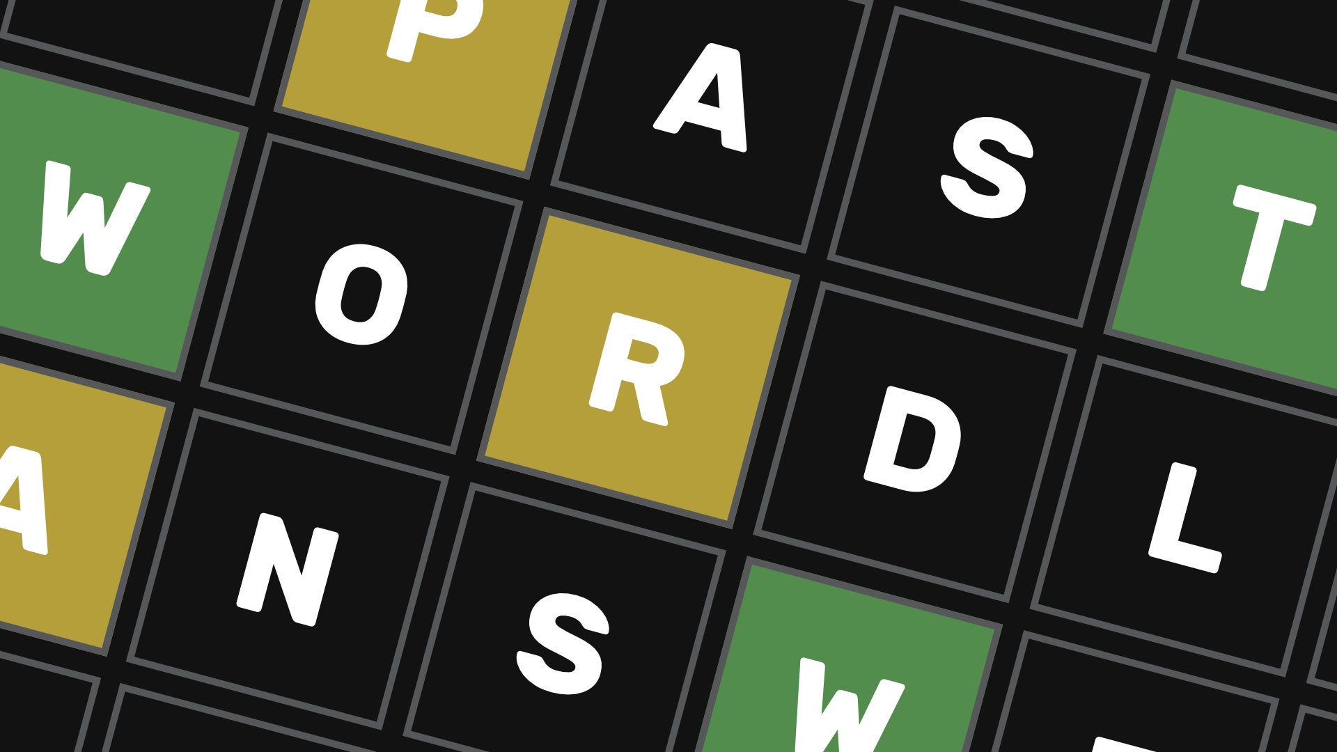 A close-up of part of a Wordle grid. The letters spell "past wordle answers".