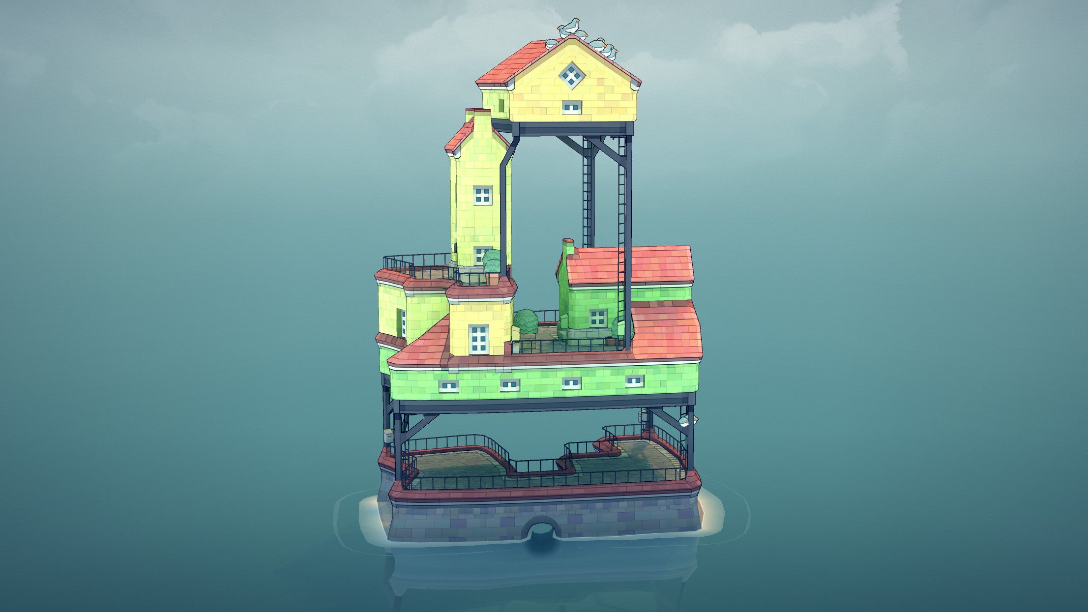 A cute colourful building rising out the water in a Townscaper screenshot.