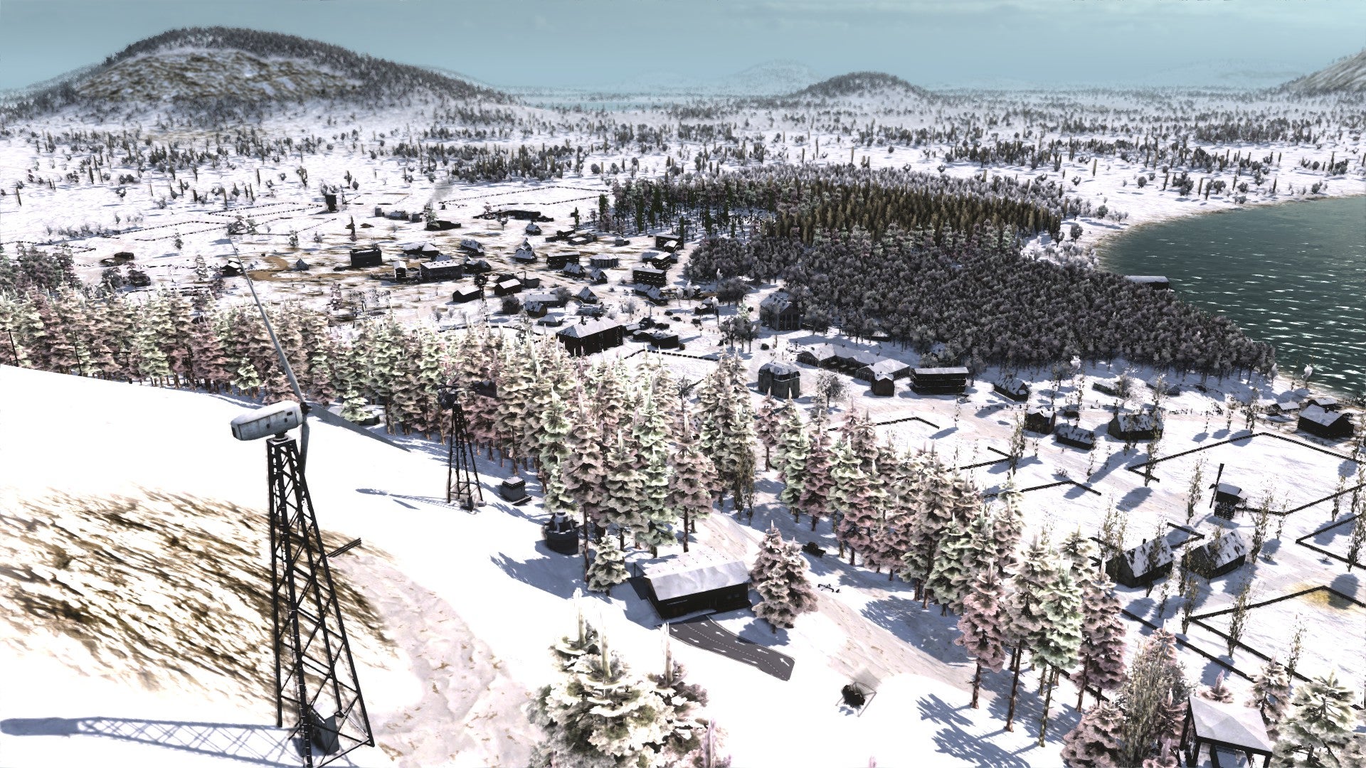 A wide shot of a snowy town in Workers & Resources