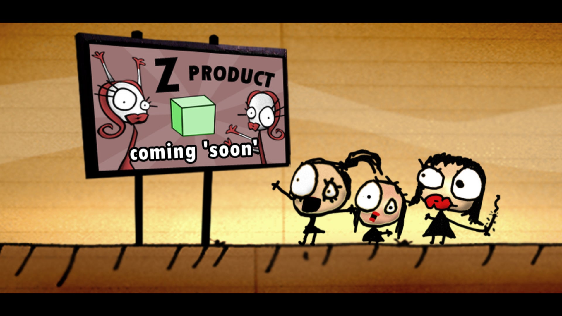A cutscene in World Of Goo: three characters look at a billboard showcasing a new product from the World Of Goo Corporation.