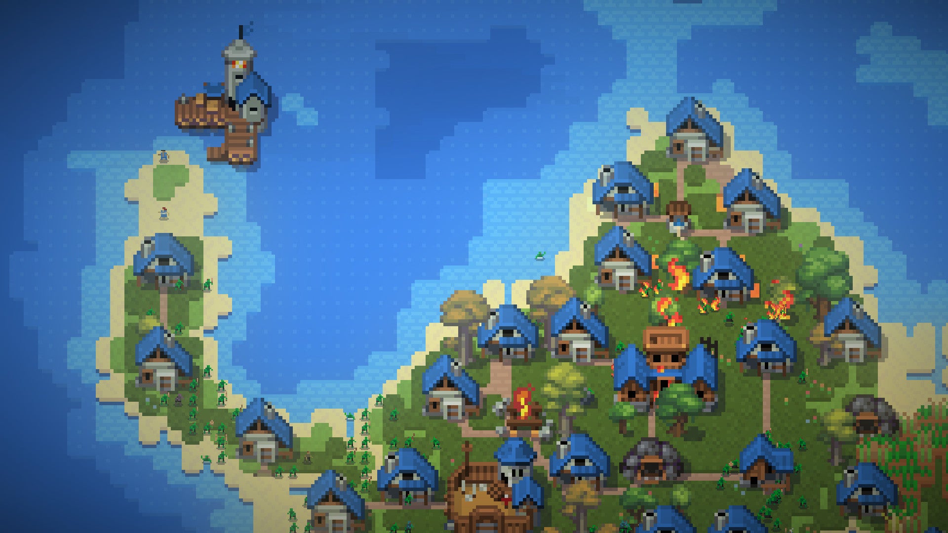 A screenshot showing a pixel village in WorldBox, with lots of blue-roofed houses surrounded by green grass, trees, and uh oh zombies.