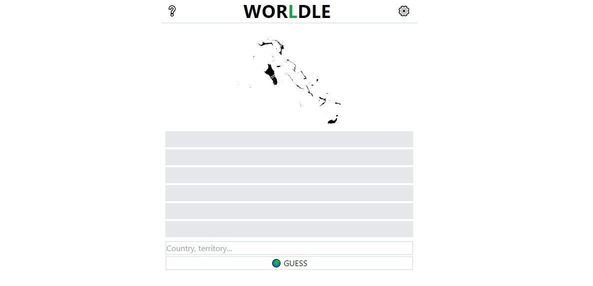 A screenshot of Worldle showing an outline of a country and spaces below to guess what country it is.