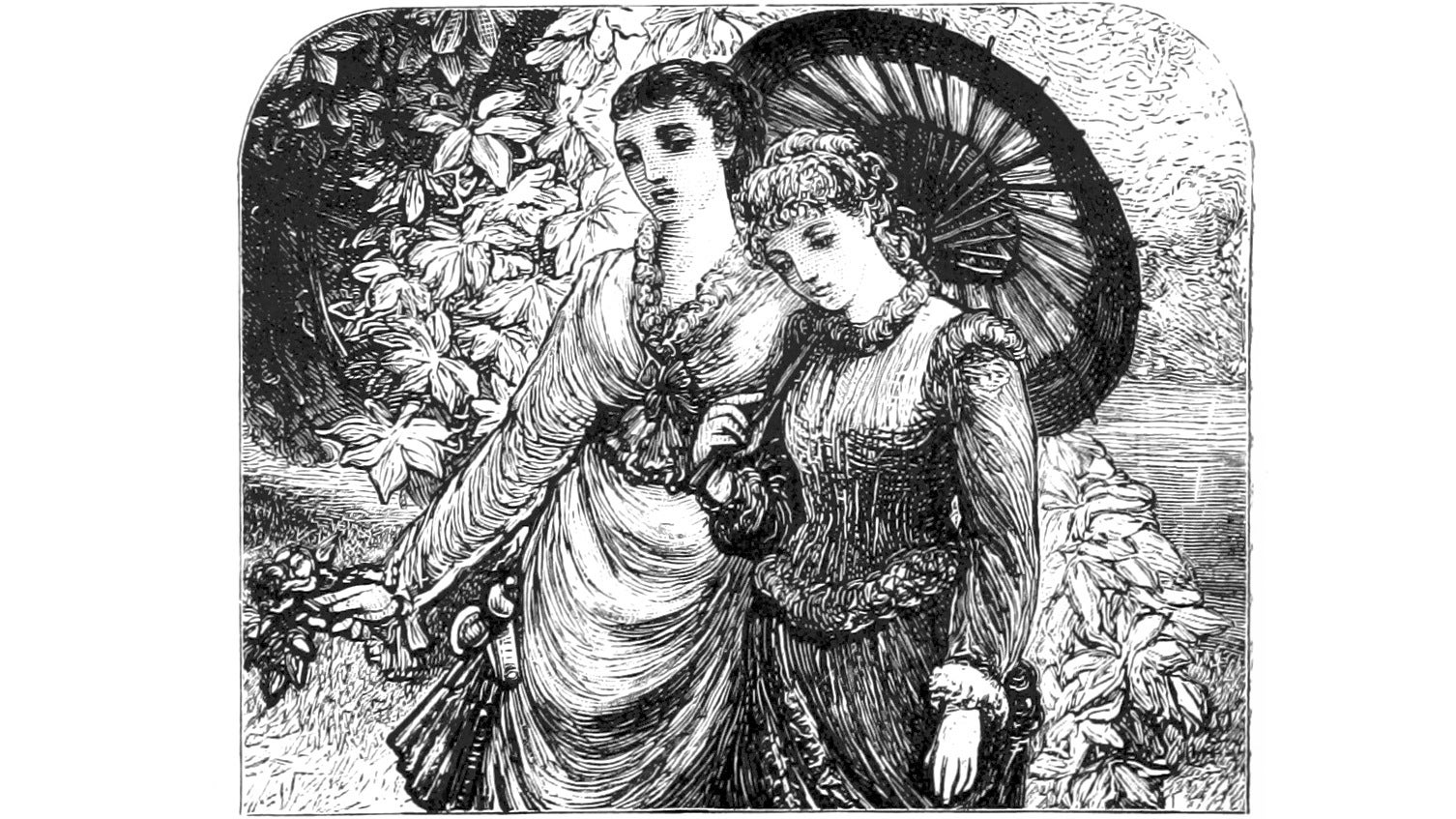 Two Victorian women walking in the woods beneath a parasol in an illustration from 'The dove's nest and other tales'.