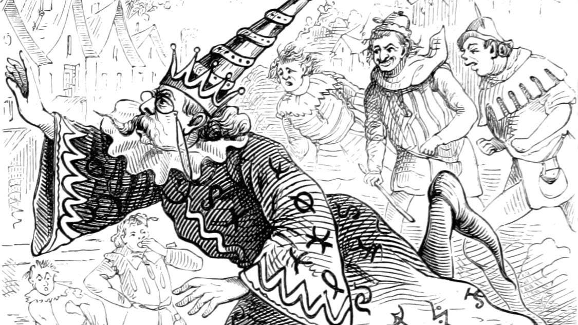 A wizard running through a crowd in an illustration from 'Beeton's Christmas annual, thirteenth season'.