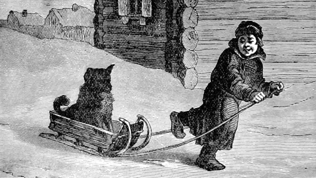 A child pulling a dog in a sled in an illustration from The Children's Fairy Geography.