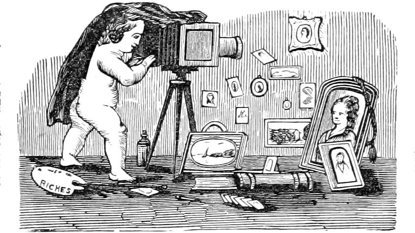 A cherub taking photographs in an illustration from 'Columbus, Ohio: its history, resources, and progress.'