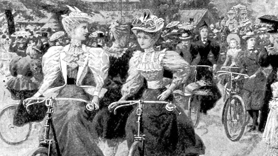 Women cycling in an illustration from 'The Municipal Parks Gardens, and Open Spaces of London: their history and associations'.