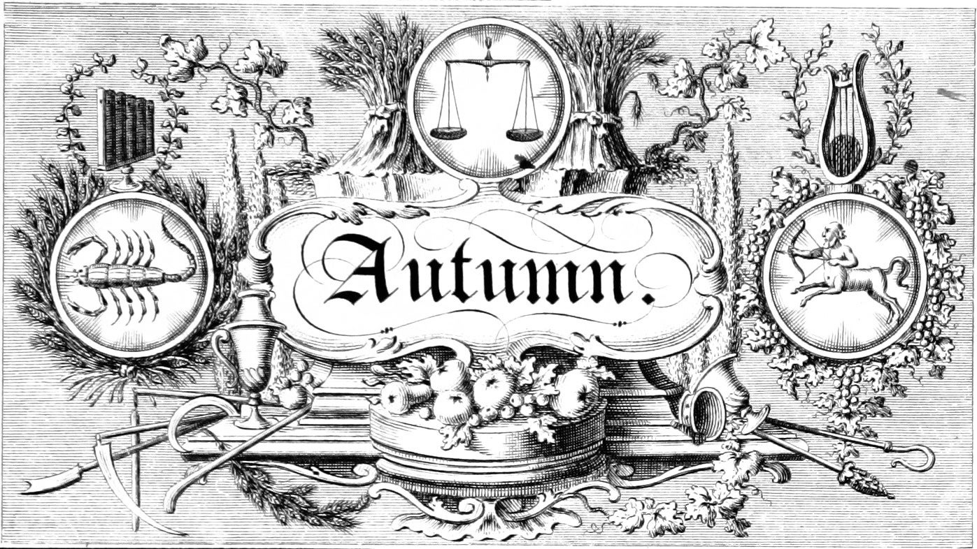 An autumnal banner in an illustration from 'The Progress of Time; or, an emblematical representation of the Four Seasons and Twelve Months, as marching in procession round their annual circle. In imitation of Spencer's Fairy Queen'.