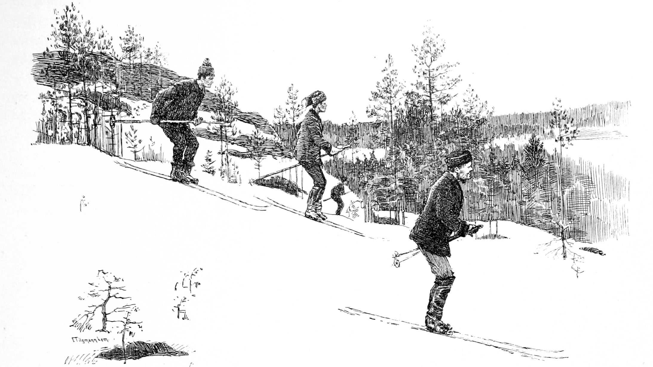 Finnish people skiing in an illustration from 'Finland in the Nineteenth Century'.