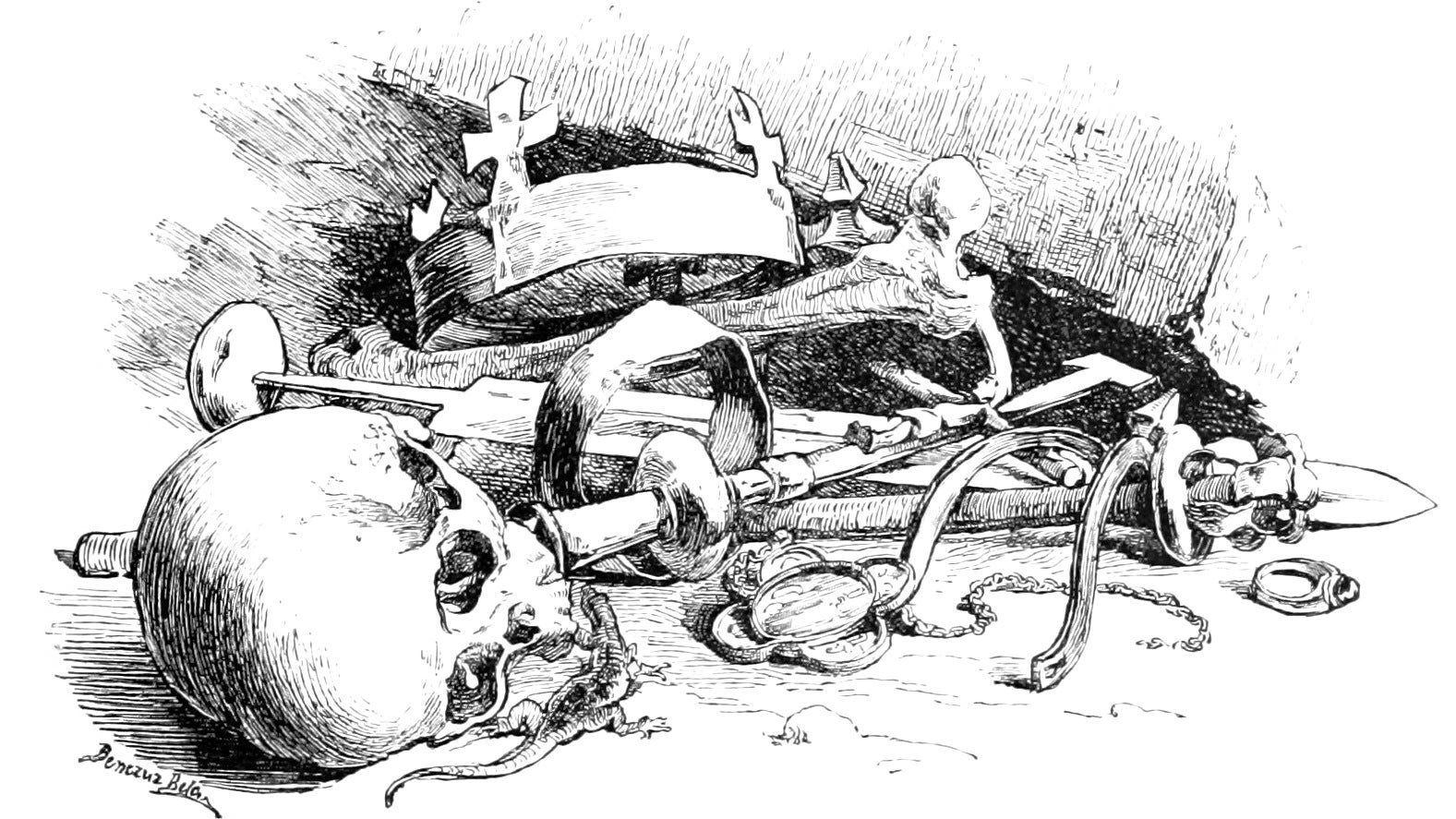 A crown atop a pile of bones in an illustration from 'Az Osztrák-Magyar Monarchia irásban és képben'.