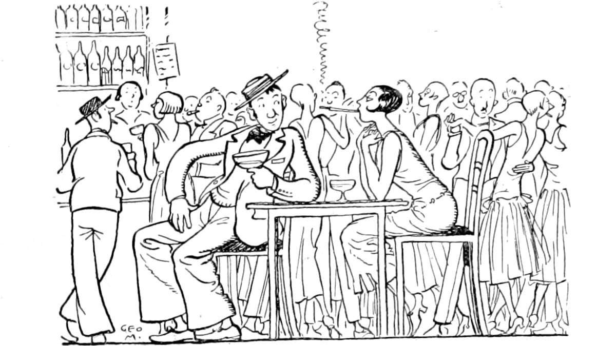 A bustling bar in an illustration from 'Laughing Ann, and other poems ... Illustrated by George Morrow'.