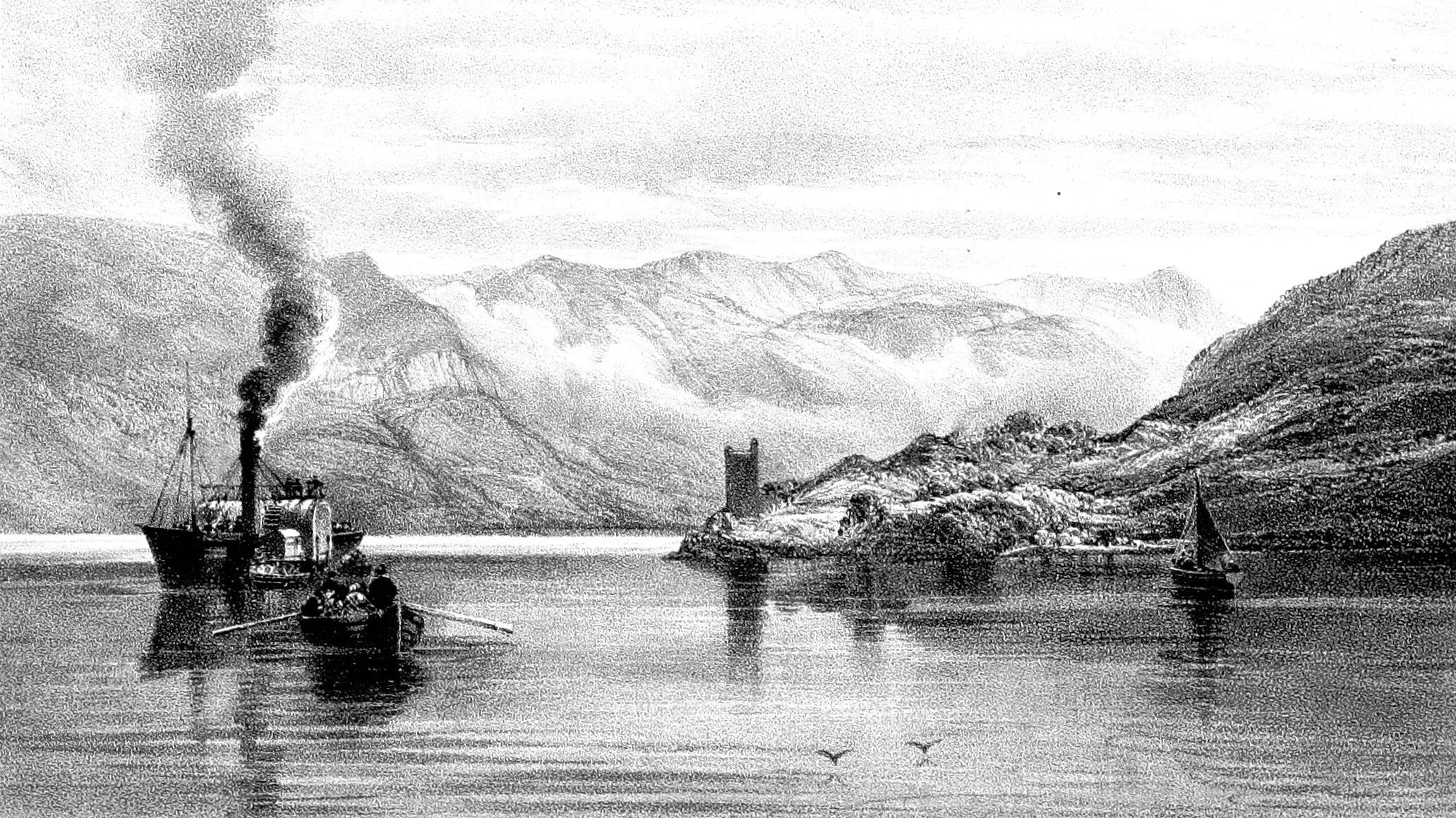 A steamboat, rowboat, and sailboat on the water of Loch Ness by Urquhart Castle in an illustration from 'Maclure and Macdonald's series of guide to the Highlands of Scotland'.