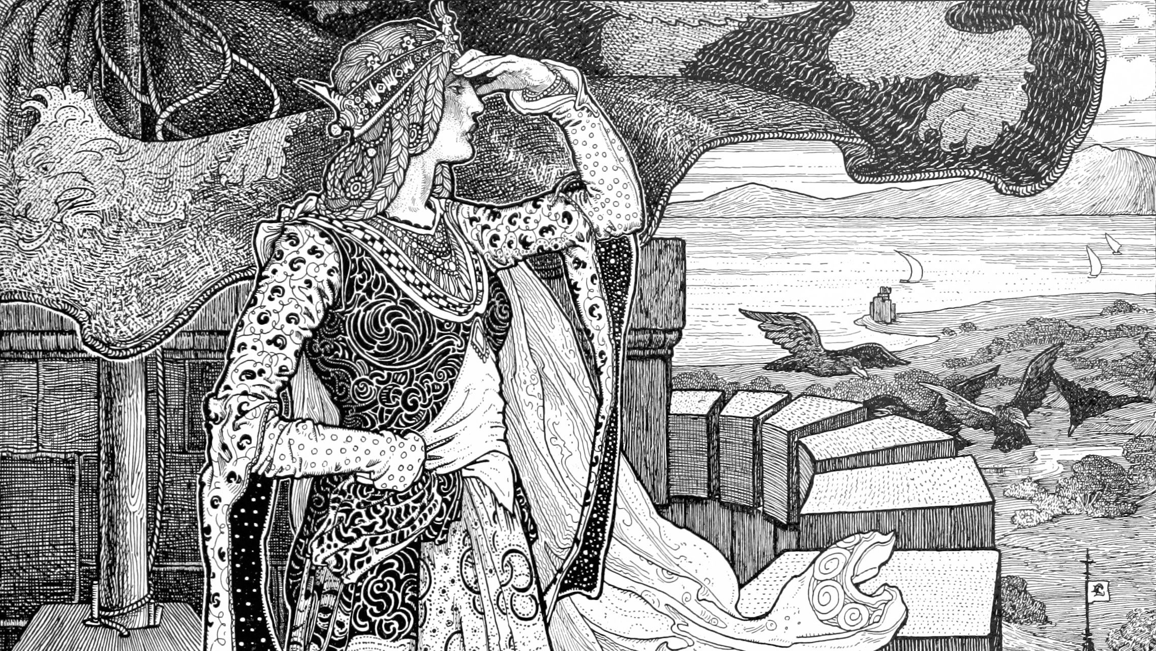 A queen looks down from battlements in an illustration from 'Idylls of the King. Vivien. Elaine. Enid. Guinevere ... With ... decorations by G. W. Rhead and L. Rhead'.