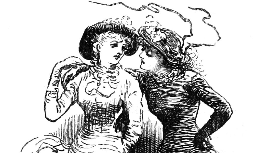 Two women in fancy dresses and bonnets, one placing their arm over the other's shoulder, in an illustration from 'A River Holiday'.