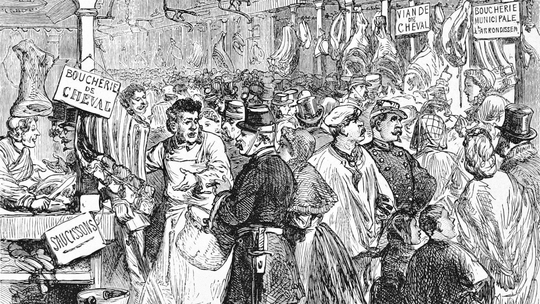 A bustling meat market in an illustration from 'Cassell's Illustrated History of the War between France and Germany, 1870-1871'.
