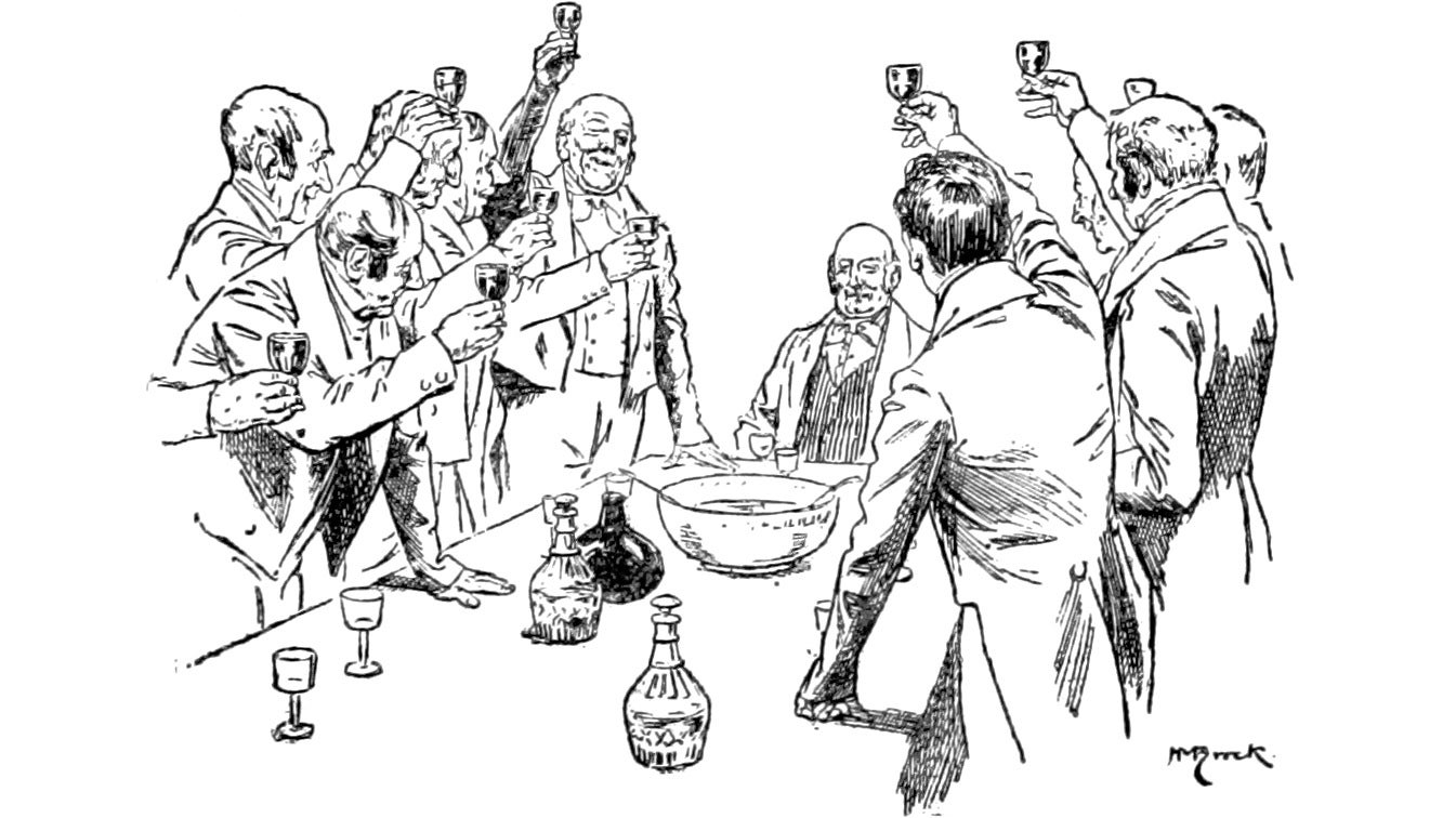 A crowd of men stand toasting another man in an illustration from 'The Works of G. J. Whyte-Melville.'