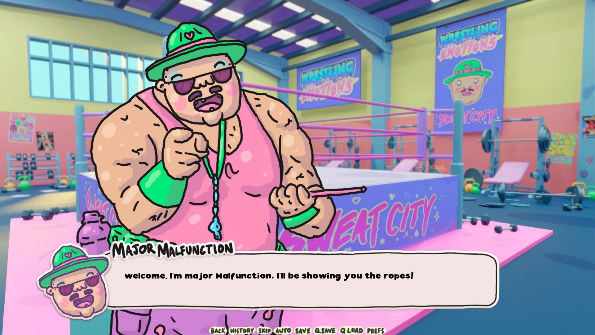 Major Malfunction, a smiley wrestling teacher wearing a pink vest, green hat, and shades, points at you and says "welcome, I'm Major Malfunction. I'll be showing you the ropes!", in Wrestling With Emotions: New Kid On The Block.