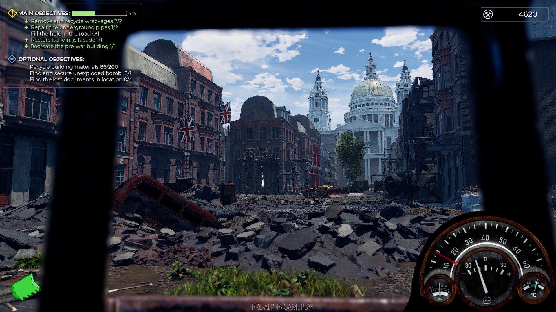 Driving a bulldozer round ruined London in a WW2 Rebuilder screenshot.