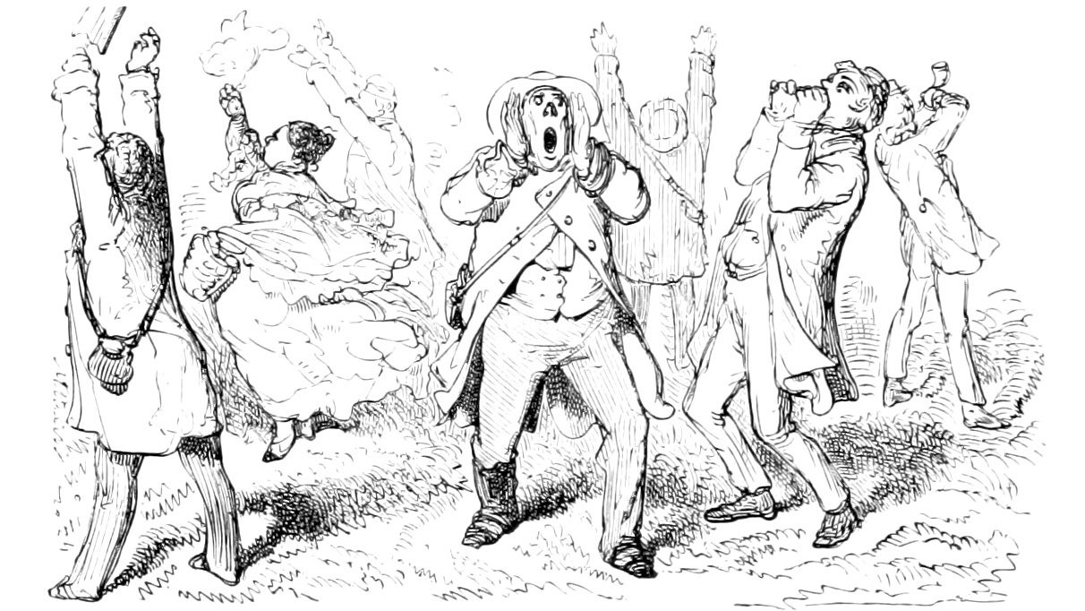 People shouting in an illustration from 'Le Chemin des Écoliers; Promenade de Paris à Marly-le-Roy, en suivant les bords du Rhin.'