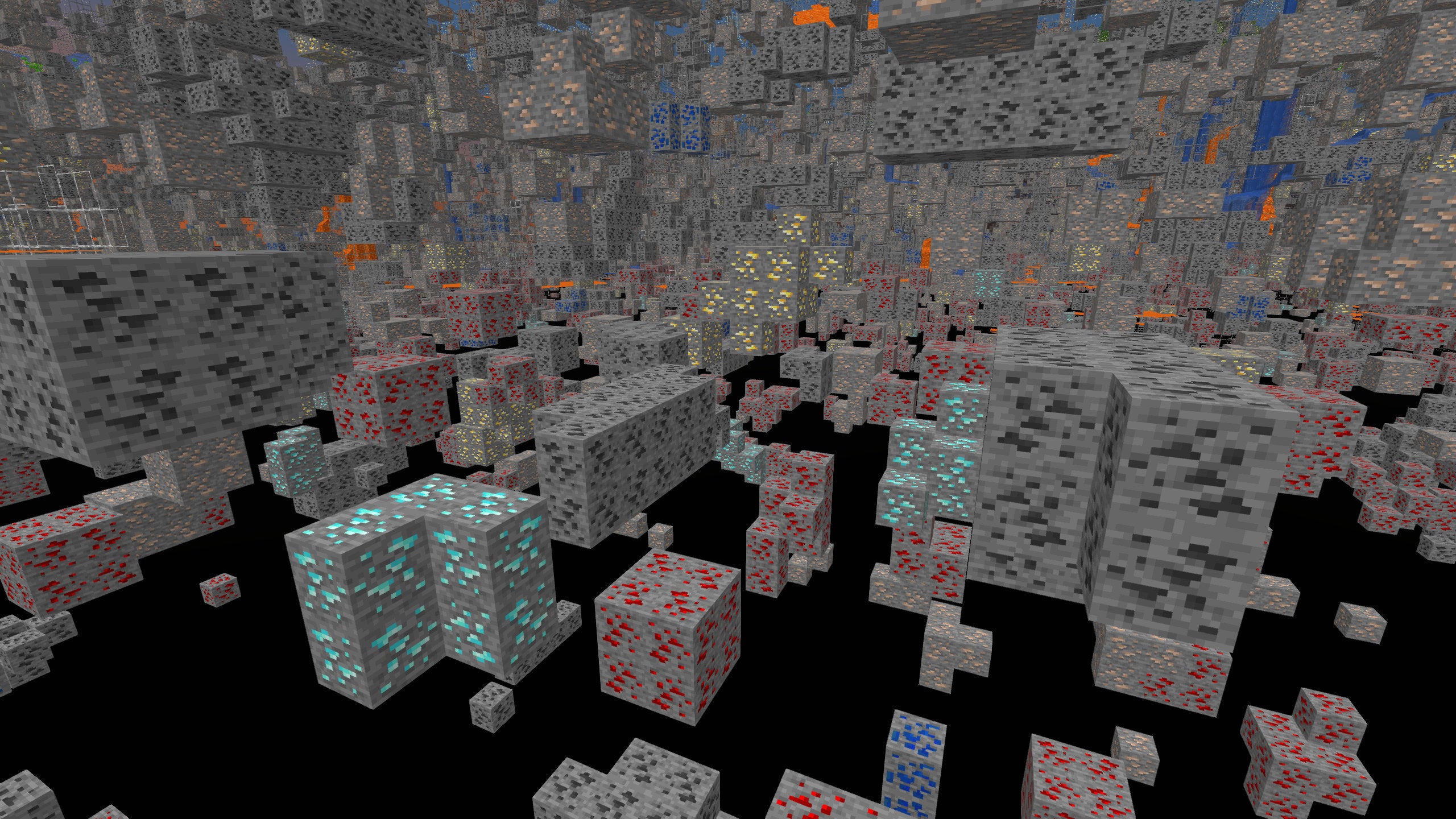 A Minecraft screenshot of a landscape displayed using the Xray Ultimate Texture Pack.