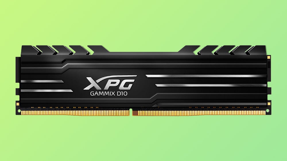a photo of xpg gammix d10, showing a single stick of computer RAM with a black ridged heatsink
