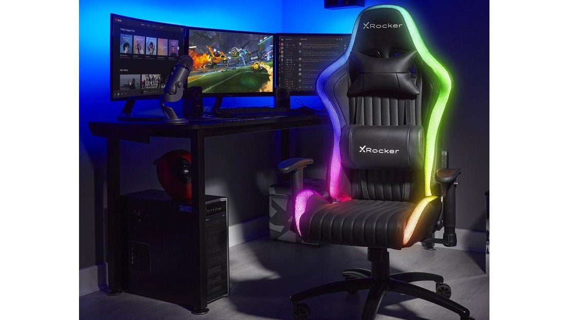 A glowing X-Rocker RGB chair.