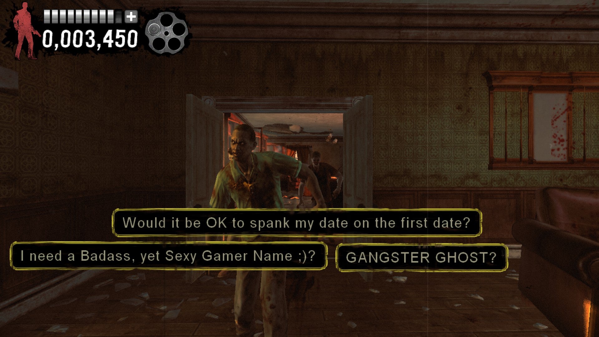 A screenshot of Typing Of The Dead showing zombies shambling towards the camera, upon which is the text of funny questions from Yahoo Answers.