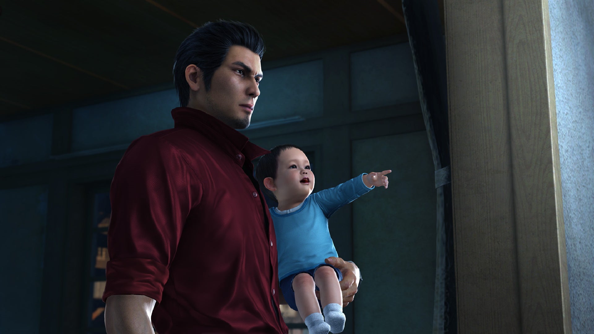Kiryu cradles baby Haruto in his arms, as Haruto giggles and points out of a window in Yakuza 6.