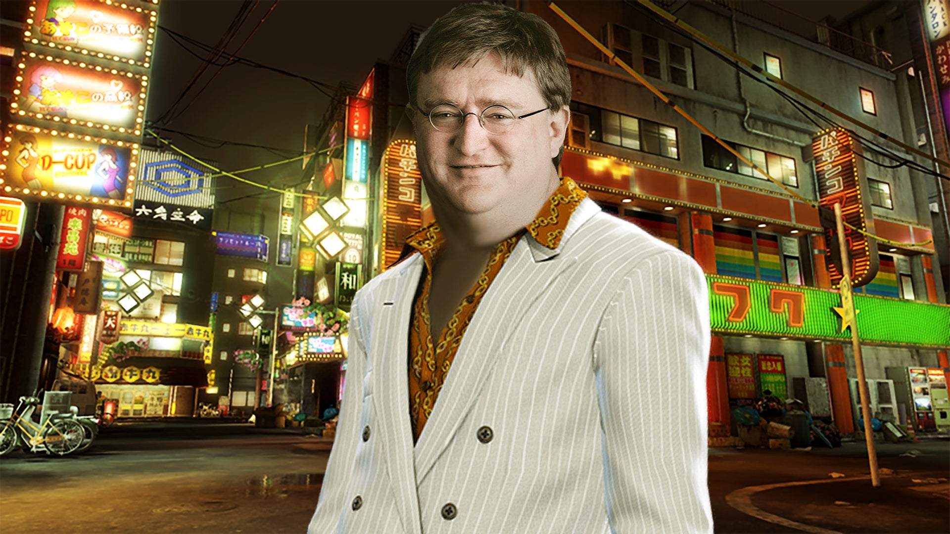 Kazuma Kiryu from Yakuza 0 standing in front of a few shops in Kamurocho at night, but he has the face of Gabe Newell.