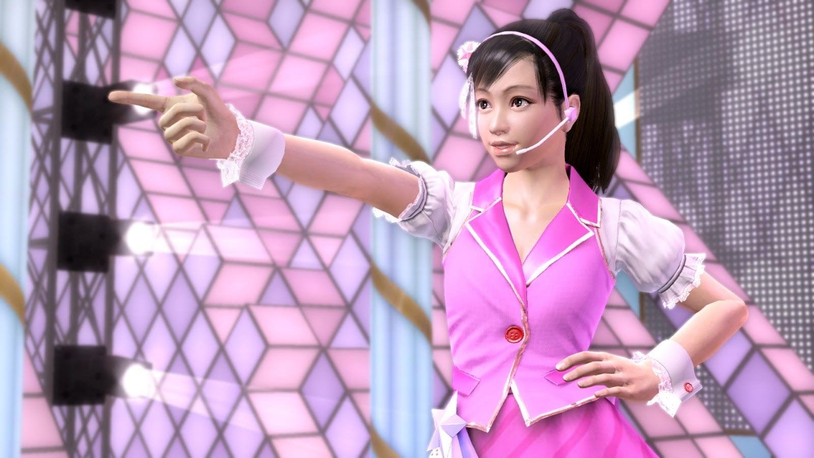 Kiryu's adoptive daughter Haruka (now a J-Pop idol in Yakuza 5) points at the crowd while performing in a pink dress.