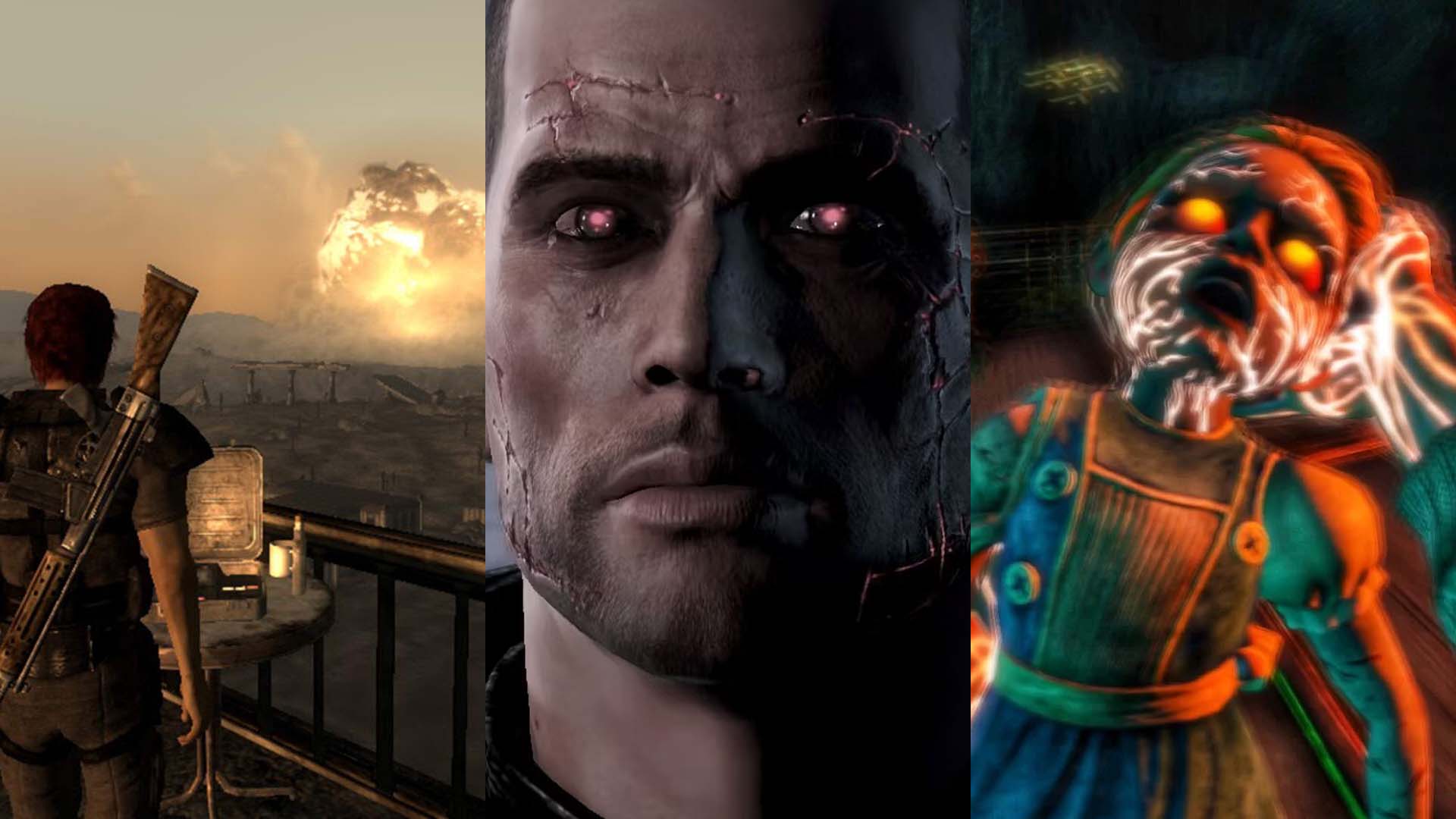 Three images. The first shows Megaton atomised by a nuclear explosion in Fallout 3. The second shows Commander Shepheard from Mass Effect covered in scars. The third shows a little sister from Bioshock being harvested.